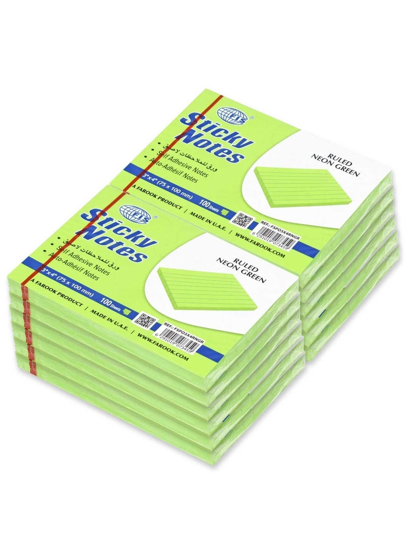 FIS Sticky Note Pad, 3X4 inches, Pack of 12, Ruled Neon Green -FSPO3X4RNGR - Image 1