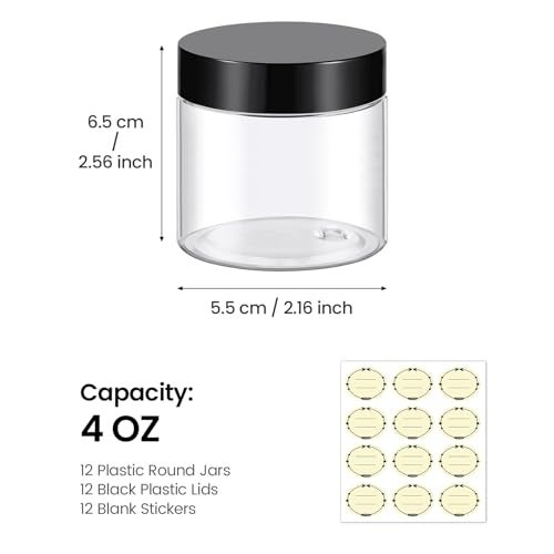 TUZAZO 4 Oz Plastic Container Jars with Lids and Labels BPA Free, Empty Round Clear Cosmetic Slime Jars for Lotion, Cream, Ointments, Body Butter, Makeup, Travel Storage (12 Pack) - Image 2