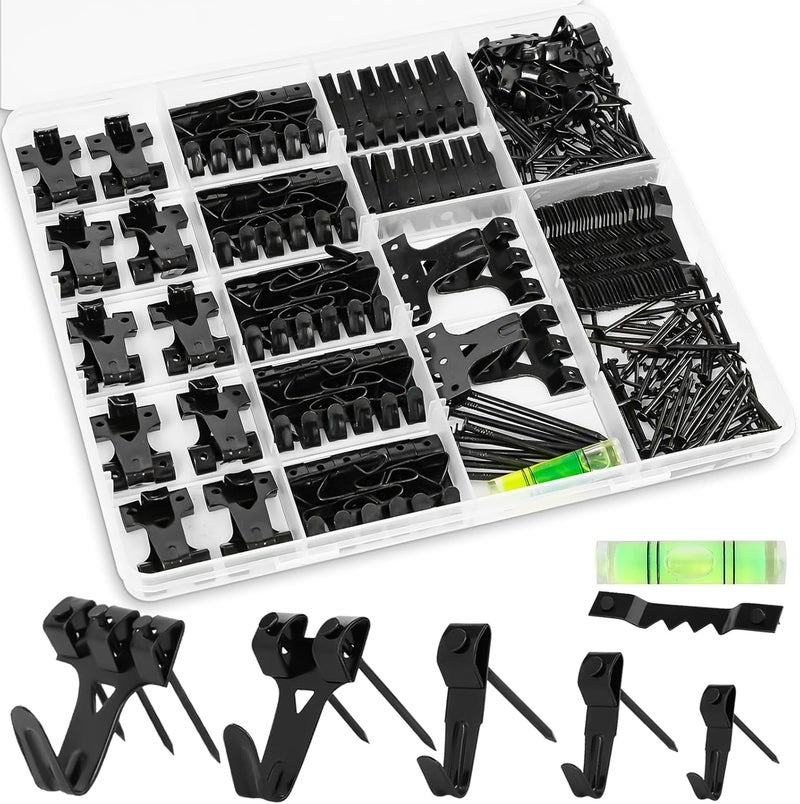 KURUI Picture Hangers, 385Pcs Picture Hanging Kit with Heavy Duty Picture Hanging Hooks, Sawtooth, Hardware Nails and Picture Hanging Tool, Wall Hangers for Frame, Painting, Art, Photo (Black) - Image 1