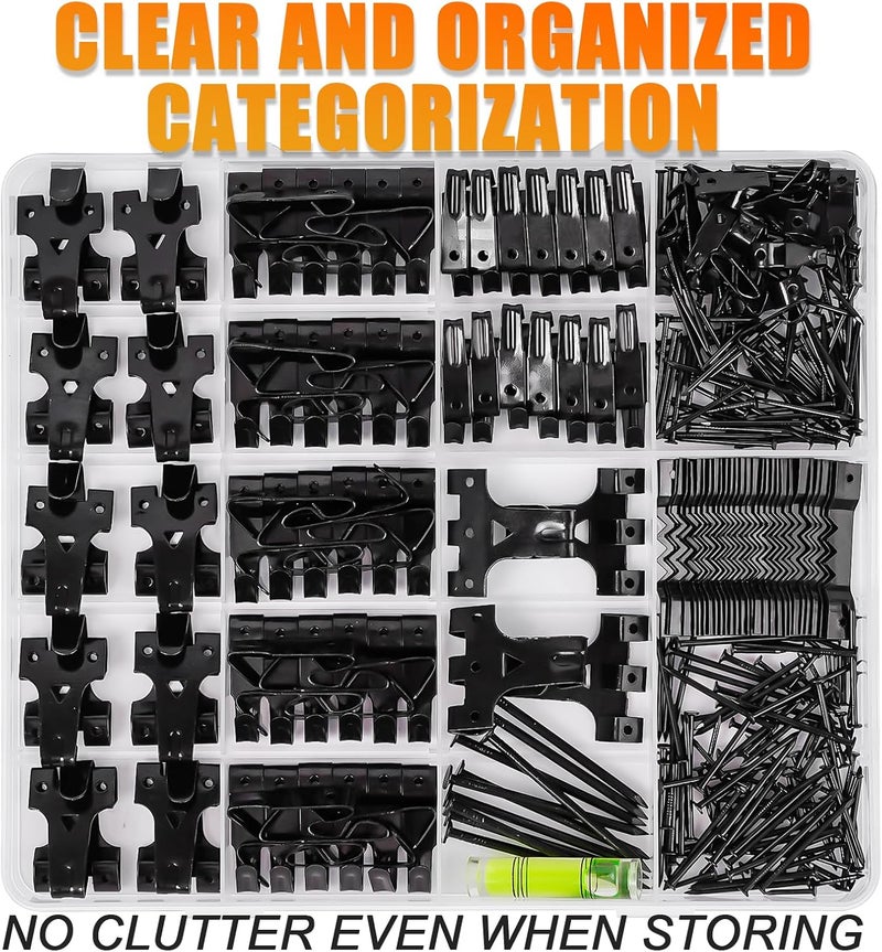 KURUI Picture Hangers, 385Pcs Picture Hanging Kit with Heavy Duty Picture Hanging Hooks, Sawtooth, Hardware Nails and Picture Hanging Tool, Wall Hangers for Frame, Painting, Art, Photo (Black) - Image 4