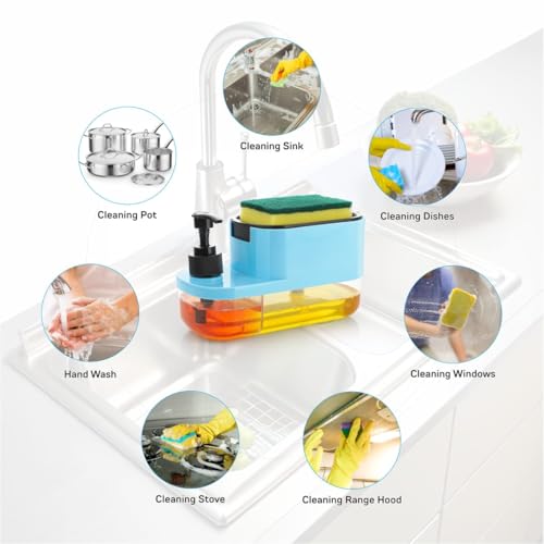 EPISKEY 3 in 1 Soap Pump Dispenser Dish Soap Liquid Dispenser Sponge Holder Dish Soap Pump Dispenser for Kitchen Sink Countertop Kitchen Bathroom (Blue_BOT) - Image 2
