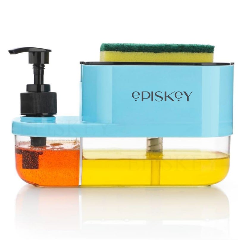 EPISKEY 3 in 1 Soap Pump Dispenser Dish Soap Liquid Dispenser Sponge Holder Dish Soap Pump Dispenser for Kitchen Sink Countertop Kitchen Bathroom (Blue_BOT) - Image 1