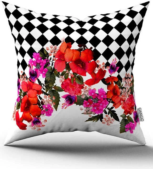 كانغو هوم Double Sided Black and White Checkered Floral Patterned Digital Printed Throw Pillow Cover CGH1106