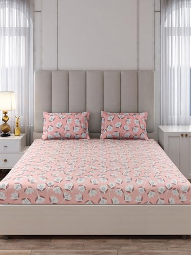 Monte Carlo Peach Printed King Size 135 GSM 1 Bedsheet with 2 Pillow Cover 8 - Image 3