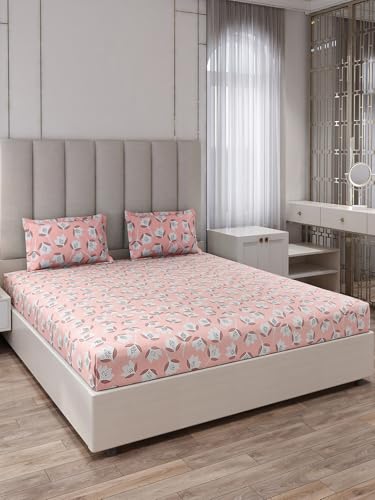 Monte Carlo Peach Printed King Size 135 GSM 1 Bedsheet with 2 Pillow Cover 8 - Image 1