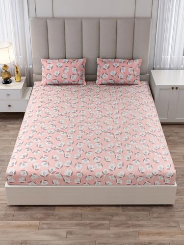 Monte Carlo Peach Printed King Size 135 GSM 1 Bedsheet with 2 Pillow Cover 8 - Image 2