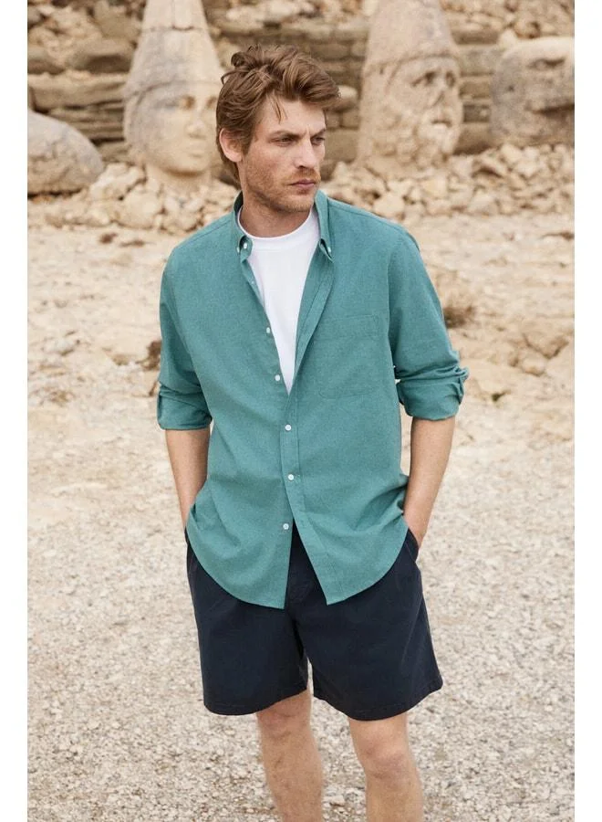 GRIMELANGE ARLES Men's Linen Blend Long Sleeve Single Pocket Regular Fit Green Shirt.