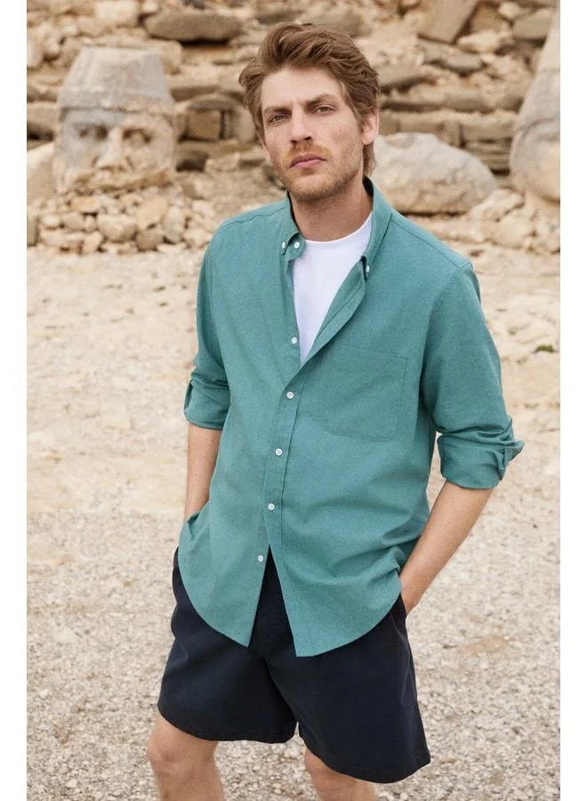GRIMELANGE ARLES Men's Linen Blend Long Sleeve Single Pocket Regular Fit Green Shirt.