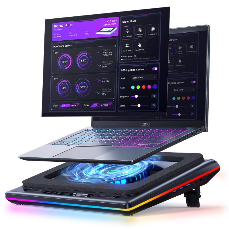 llano V12 Ultra Laptop Cooling Pad with Smart Software Control RGB Gaming Laptop Fan Cooler Stand 55 Turbo Fan Adjustable Speed 3Port USB 30 Hub 3 Height Stands for 15619 Laptops Black - Image 2