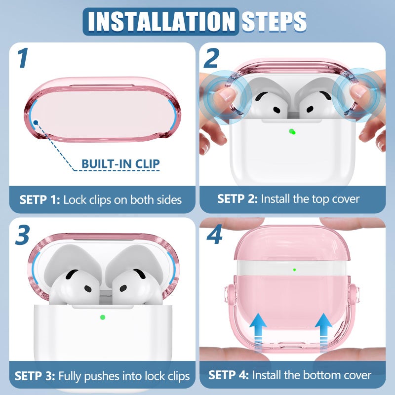 Wowwat Safety Lock for Airpods 4 Case,TPU Clear Cases for Apple Air pods 4 Case with Cleaner Kit,Drop Protection Airpod 4 Cases Cover for Men for Women with Lock and Keychain,Clear Pink - Image 5