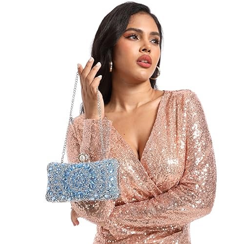 Boutique De FGG حقيبة كلاتش كريستال مع مشبك لؤلؤ من بوتيك دي إف جي للنساء، حقائب سهرة، حقائب زفاف، حقيبة حفلة، حقيبة كلاتش مرصعة بالأحجار الكريمة، صغيرة، ملونة، سوداء - Image 3