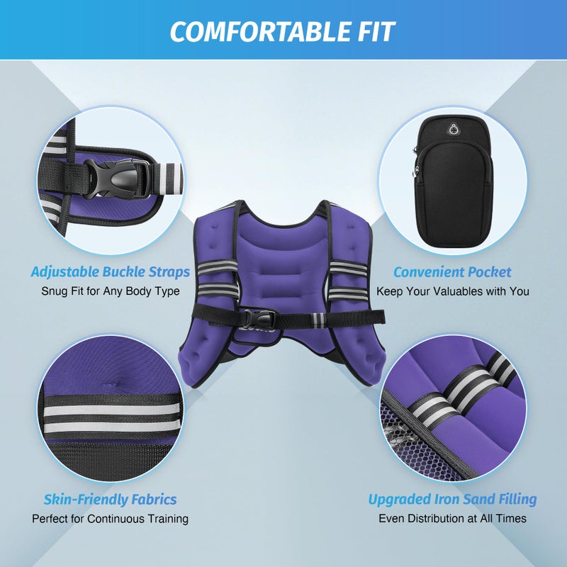 ZELUS Weighted Vest, 6lb/8lb/12lb/16lb/20lb/25lb/30lb Weight Vest with Reflective Stripe for Workout, Strength Training, Running, Fitness, Muscle Building, Weight Loss, Weightlifting, Violet(8 lb) - Image 2