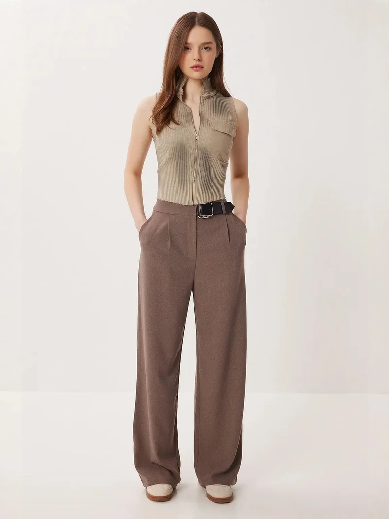 Happiness İstanbul ISTANBUL High Waist Wide Leg Palazzo Trousers with Belt