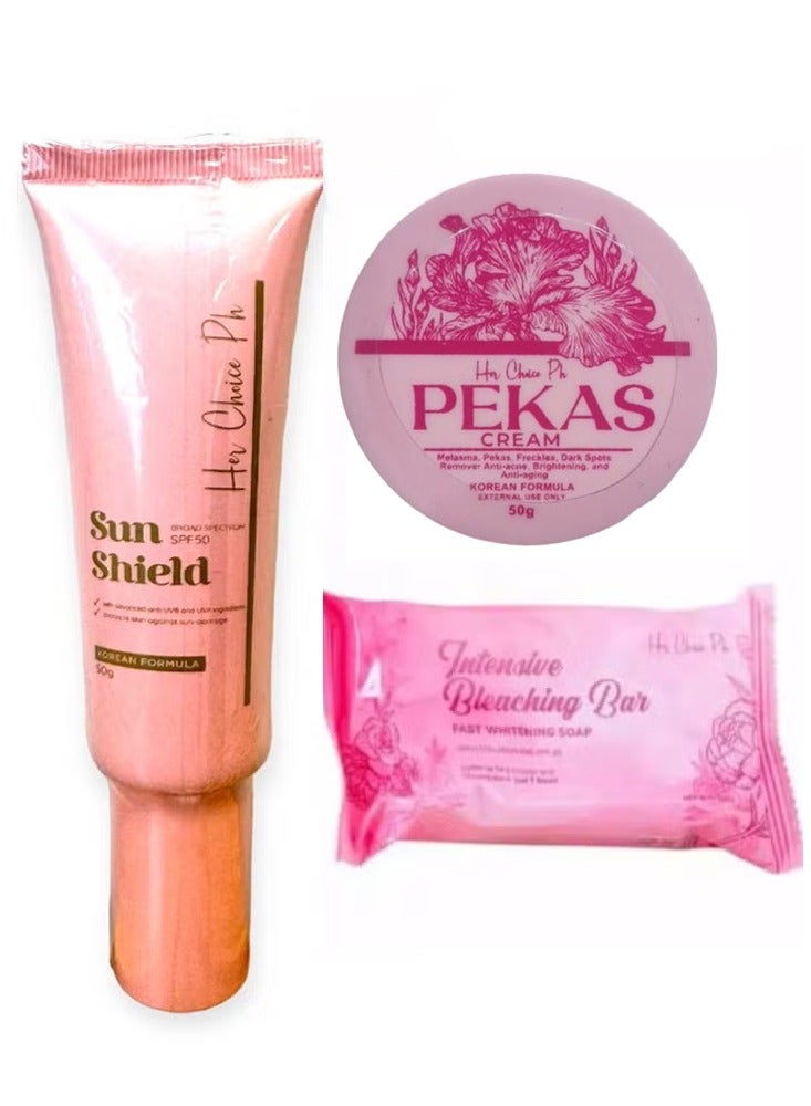 Her Choice Ph Intensive Whitening Soap 120 grams & Pekas Remover Cream  To Reduce Melasma Freckles and Dark Spots 50 grams & Sun Shield Broad Spectrum SPF50 50gm - Image 2