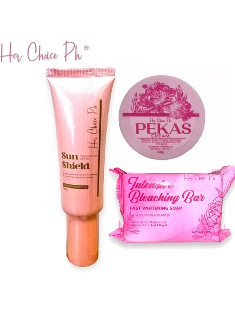 Her Choice Ph Intensive Whitening Soap 120 grams & Pekas Remover Cream  To Reduce Melasma Freckles and Dark Spots 50 grams & Sun Shield Broad Spectrum SPF50 50gm - Image 1