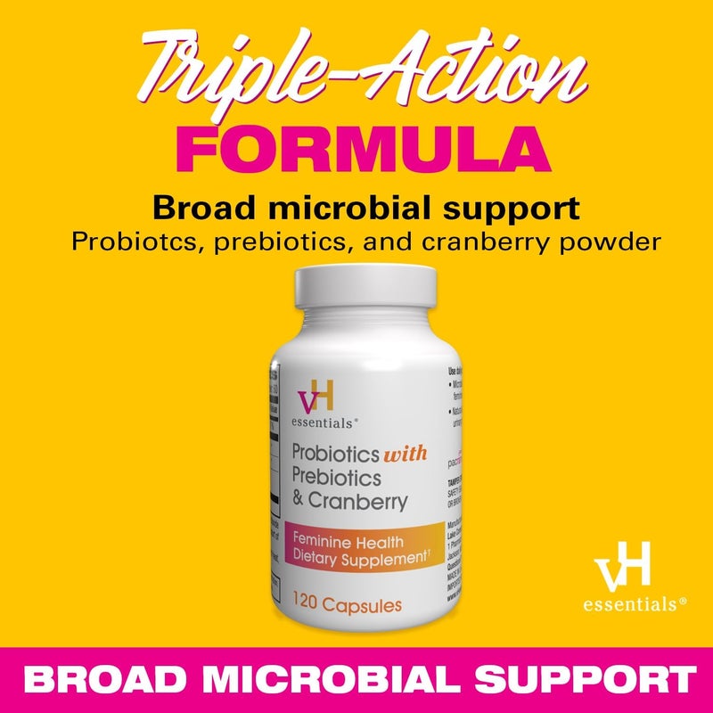 vH essentials Probiotics with Prebiotics and Cranberry Feminine Health Supplement Capsules 54436  pH Balanced Feminine Cleansing Wipes with Prebiotics Tea Tree  Aloe - Image 3