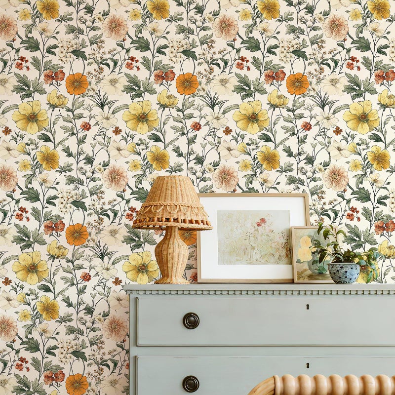 JiffDiff Vintage Floral Peel and Stick Wallpaperï¼ŒContact Paper Boho Neutral Wallpaper Self Adhesive Wall Paper for Bathroom Covering Wall Cabinets Decorative 17.3" x 120" - Image 5