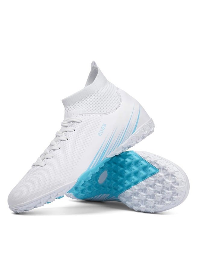 Biayvisas Soccer Cleats for Mens Womens Turf Soccer Shoes Indoor Footall Cleats High Ankle TF AG FG Football Boots Wide Training Sneaker, 2501 Tf White, 7.5 Women/6 Men - Image 1