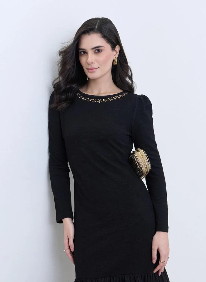 Women Black Embellished Neckline Midi Dress