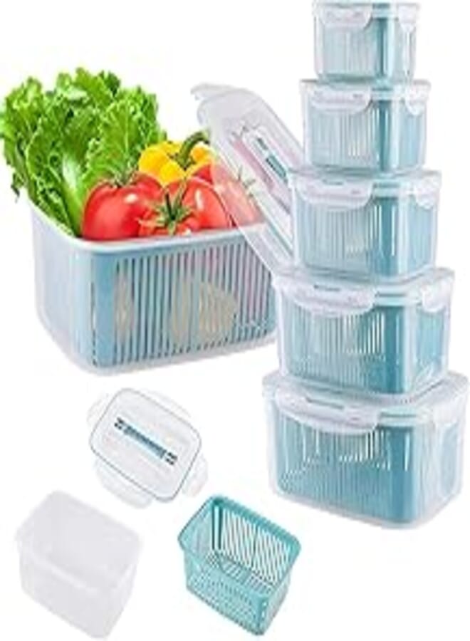 5 Packs Plastic Food Storage Containers, Fresh Fruit Containers for Refrigerator, Produce Saver Containers for Fridge ​for Veggie, Berry, Fruits, Vegetables, etc.