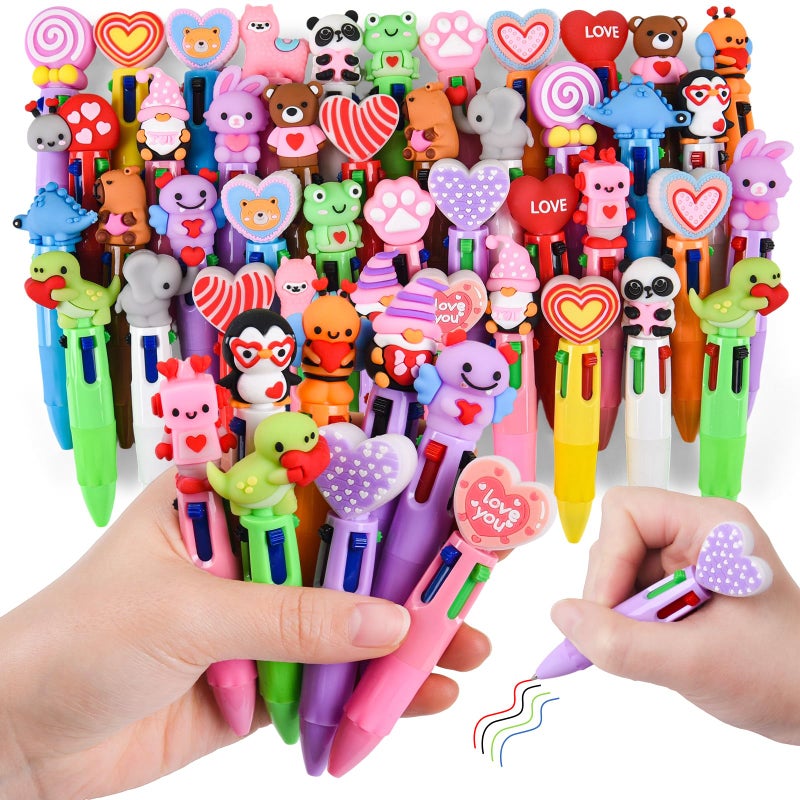 LiYiQ 50 Pcs Valentine's Day Animal Colorful Multicolor Pen in One Cartoon Cute Fun Cute Pens Bulk Kawaii Heart Capybara Frog Panda Shape Lovely Ballpoint Pens for Fun Gifts - Image 1
