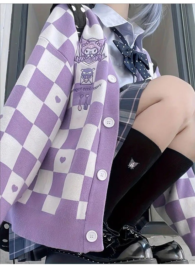 Generic - Kawaii Sweater Anime Plaid Cardigan Sweaters Cardigan for Women Cosplay Costume V Neck Long Sleeve(Free size) - Image 1