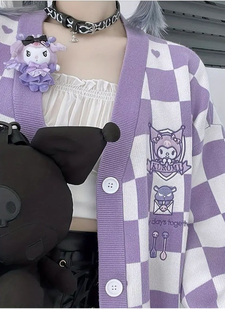 Generic - Kawaii Sweater Anime Plaid Cardigan Sweaters Cardigan for Women Cosplay Costume V Neck Long Sleeve(Free size) - Image 1