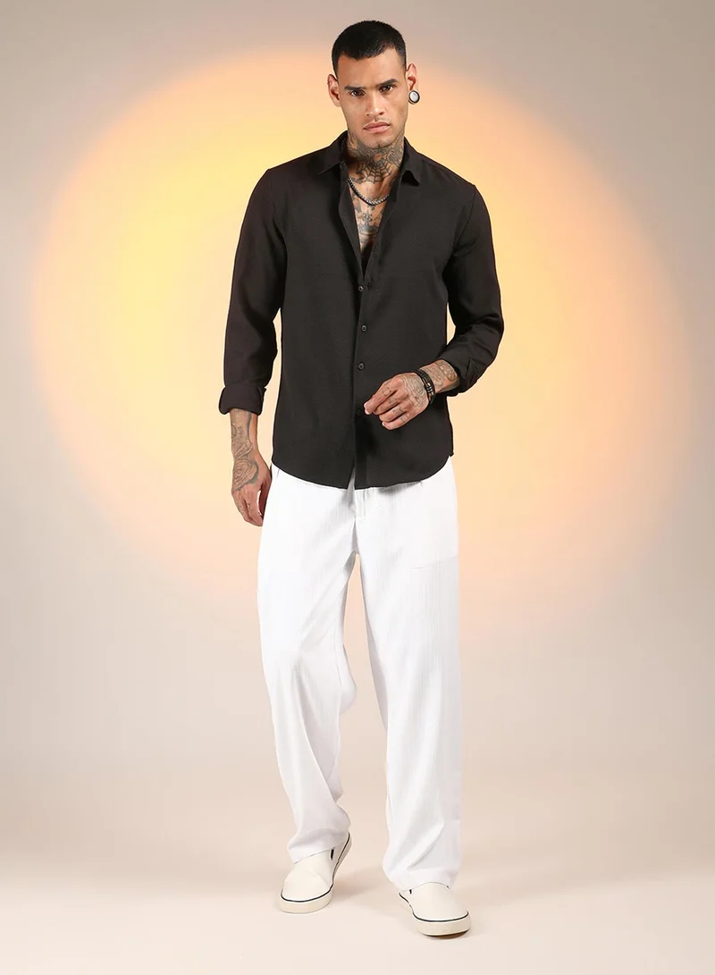 Campus Sutra Men's Midnight Black Solid Seersucker Shirt