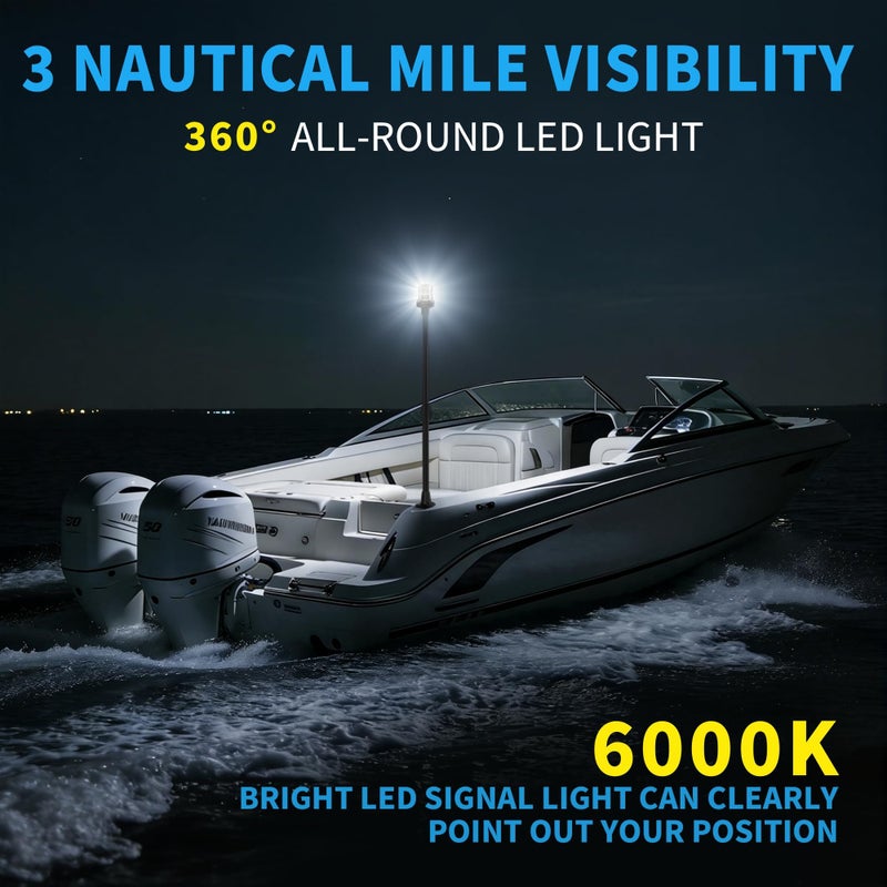 Obcursco Boat Stern Lights, Telescoping Pole 27"-48" LED Anchor Light with Base, 12V Adjustable 3NM 360Â° Navigation Lighting for Pontoon, Yacht, Bass, and Fishing Boats (27"-48", Black) - Image 2