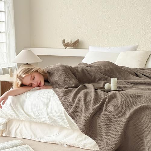 Simple&Opulence SimpleOpulence 100 Cotton Muslin Blanket King Size Lightweight Breathable 4 Layering Gauze Blanket for Bed Couch Camping Soft Bedspread Coverlet AllSeason Use Coffee 104 x 92 - Image 3
