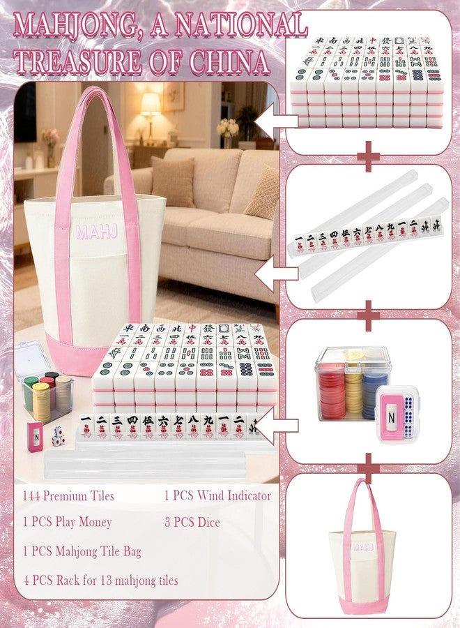 Kasmena Chinese Mahjong Tiles Set,30mm 144 Mahjong Game with Portable Storage Bags, 4 Racks, Scoring, Plastic Coins Dices for Adults & Enthusiasts - Image 4