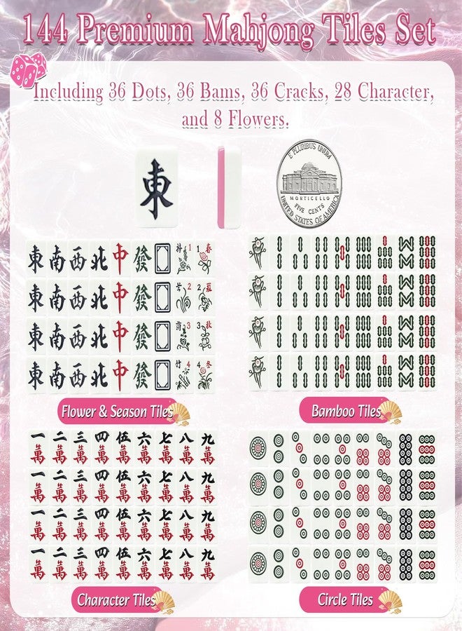 Kasmena Chinese Mahjong Tiles Set,30mm 144 Mahjong Game with Portable Storage Bags, 4 Racks, Scoring, Plastic Coins Dices for Adults & Enthusiasts - Image 2