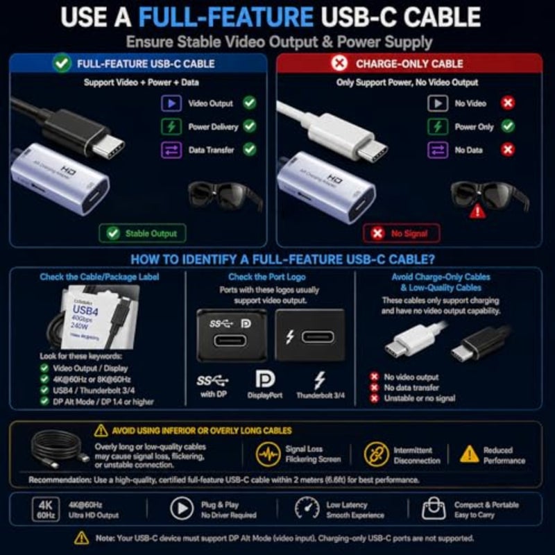 محول عرض AR Glasses HDMI إلى USB-C، محول فيديو 4K@60 هرتز، مصدر HDMI إلى محول عرض USB C، لـ XREAL/Air Pro/RayNeo/Rokid، Switch 2/1، Xbox1، PS4/5، الشاشات المحمولة - Image 3