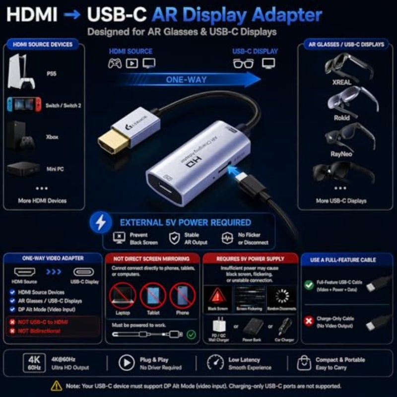 محول عرض AR Glasses HDMI إلى USB-C، محول فيديو 4K@60 هرتز، مصدر HDMI إلى محول عرض USB C، لـ XREAL/Air Pro/RayNeo/Rokid، Switch 2/1، Xbox1، PS4/5، الشاشات المحمولة - Image 2