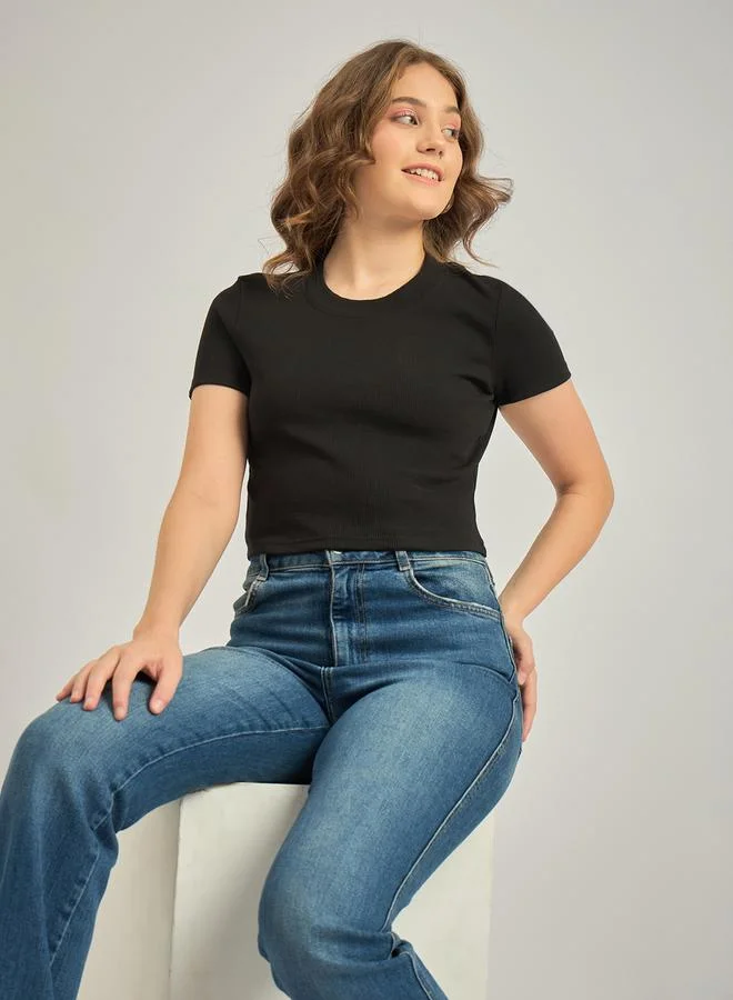 Outzidr  Black Basic Fitted Ribbed Top for Women | Best Price UAE