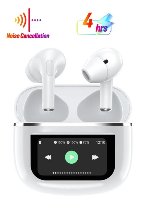 Soundtec Wonder TWS ANC Wireless Earphones with Smart Touch Screen Display, Bluetooth 5.4, Lightweight Compact Design, Remote Camera Control, Integrated Flashlight, Active Noise Cancellation, Long Battery Life – White