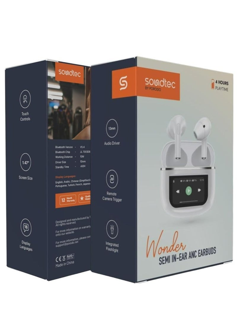 Soundtec Wonder TWS ANC Wireless Earphones with Smart Touch Screen Display, Bluetooth 5.4, Lightweight Compact Design, Remote Camera Control, Integrated Flashlight, Active Noise Cancellation, Long Battery Life – White