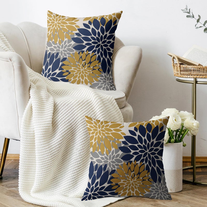 Smozenith Smozenith Navy Blue Yellow Pillow Covers 16X16 Inch Set of 2  Modern Geometry Dahlia Floral Print Decorative Throw Pillow Covers Outdoor Farmhouse Cushion Case for Home Couch Sofa Bed Decoration  - Image 3