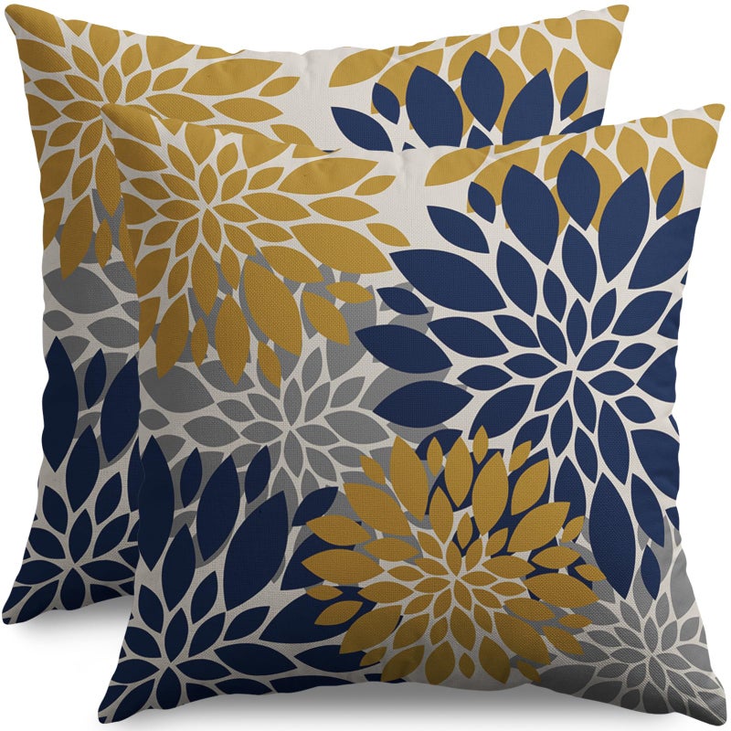 Smozenith Smozenith Navy Blue Yellow Pillow Covers 16X16 Inch Set of 2  Modern Geometry Dahlia Floral Print Decorative Throw Pillow Covers Outdoor Farmhouse Cushion Case for Home Couch Sofa Bed Decoration  - Image 1