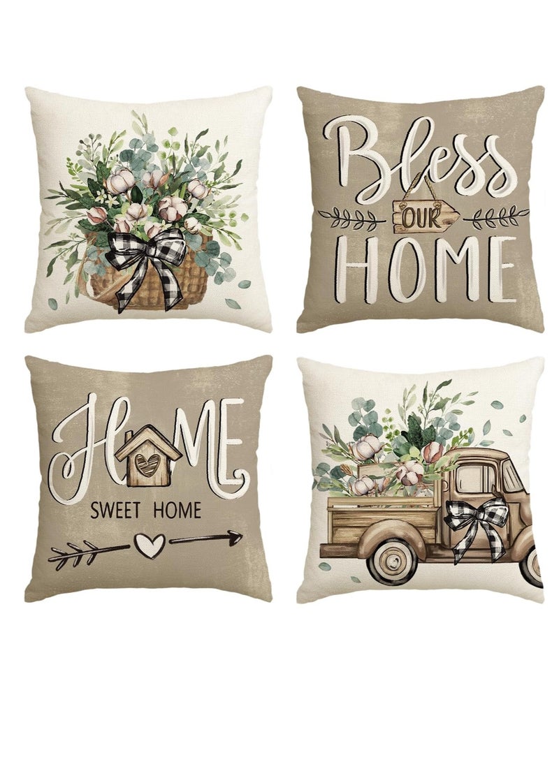 Loquat Bless Our Home Farmhouse Eucalyptus Leaves Throw Pillow Covers, 45 x 45cm Truck Home Sweet Home Cushion Case Decorations Set of 4 - Image 1