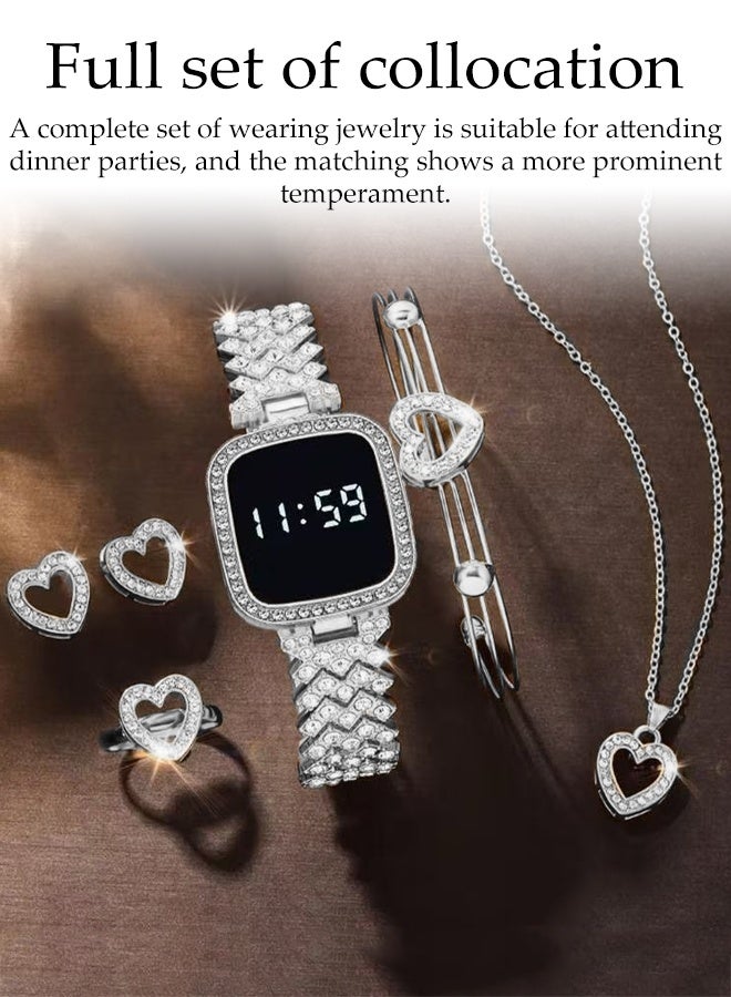 DUNISO 5PCS Electronic Watch Set,LED Touch Screen,Waterproof Elegant Crystal Wrist Watch with Bracelet, Necklace, Ring, Earrings for Ladies - Image 3