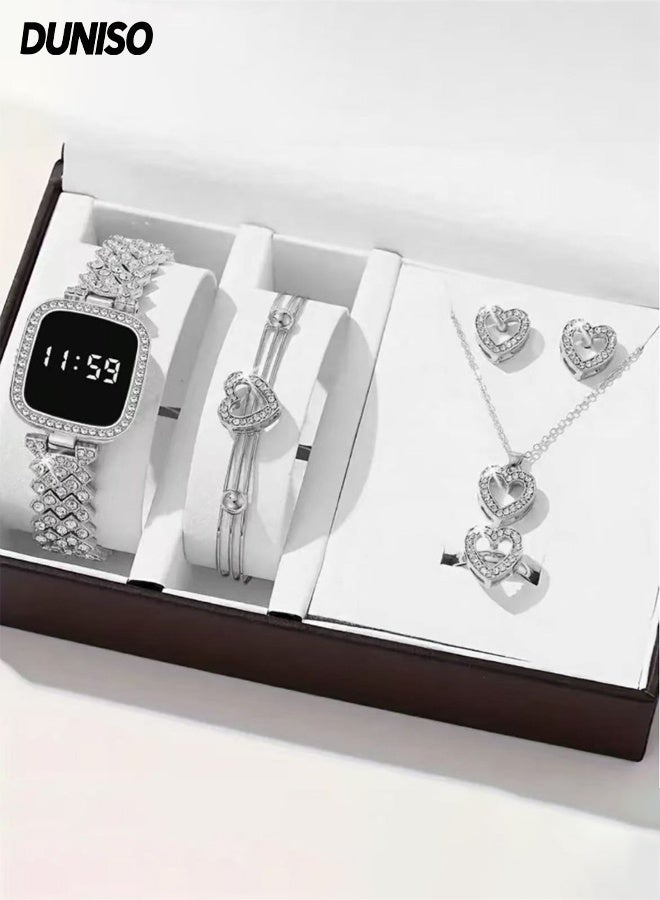 DUNISO 5PCS Electronic Watch Set,LED Touch Screen,Waterproof Elegant Crystal Wrist Watch with Bracelet, Necklace, Ring, Earrings for Ladies - Image 1