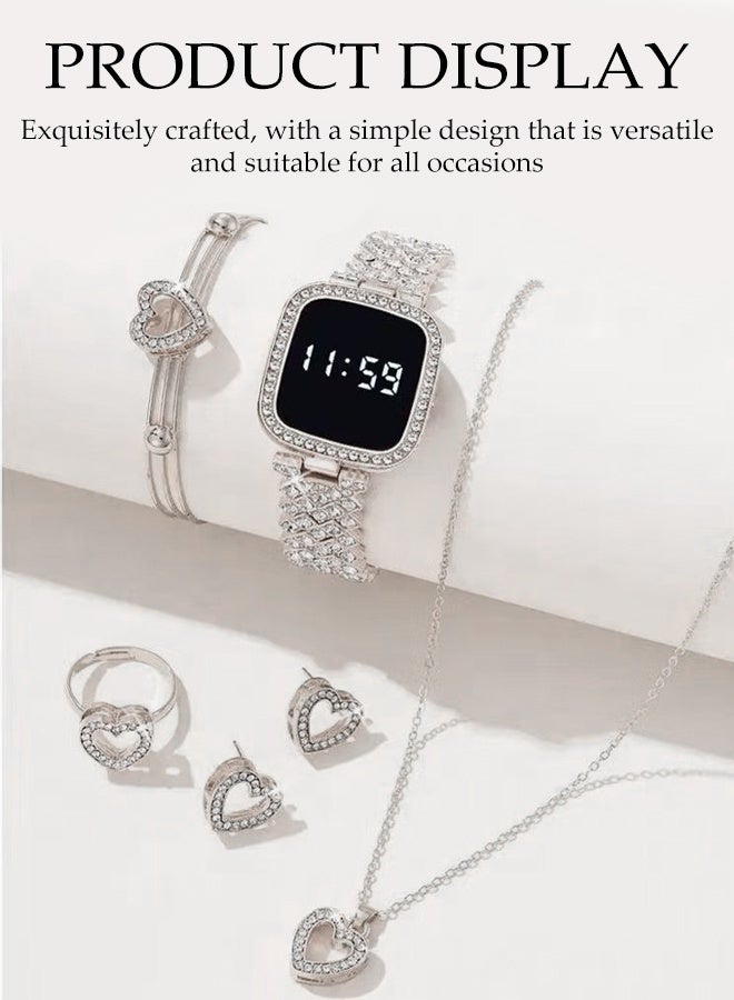 DUNISO 5PCS Electronic Watch Set,LED Touch Screen,Waterproof Elegant Crystal Wrist Watch with Bracelet, Necklace, Ring, Earrings for Ladies - Image 4