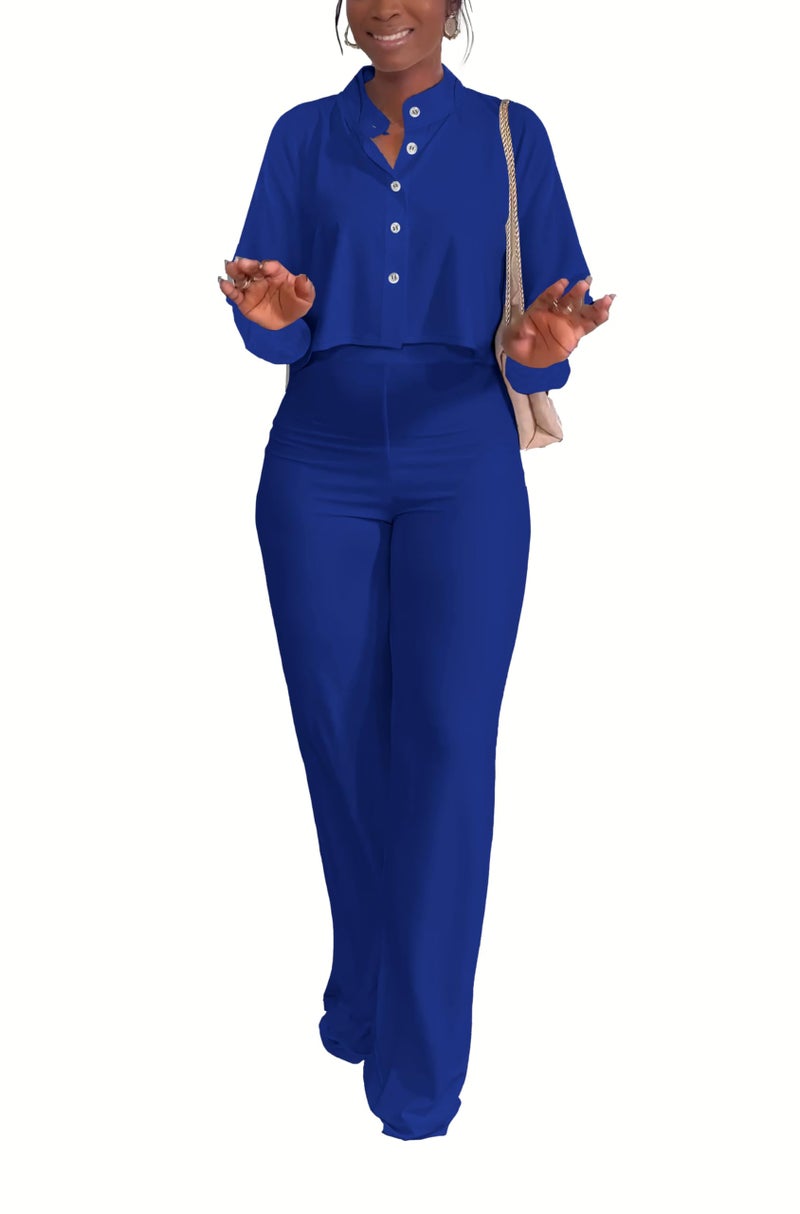 HBQ Women's 2 Piece Outfits Casual Tracksuit Long Sleeve Button Down Crop Top Wide Leg Long Pant Lounge Sets-L-Bright Blue - Image 4