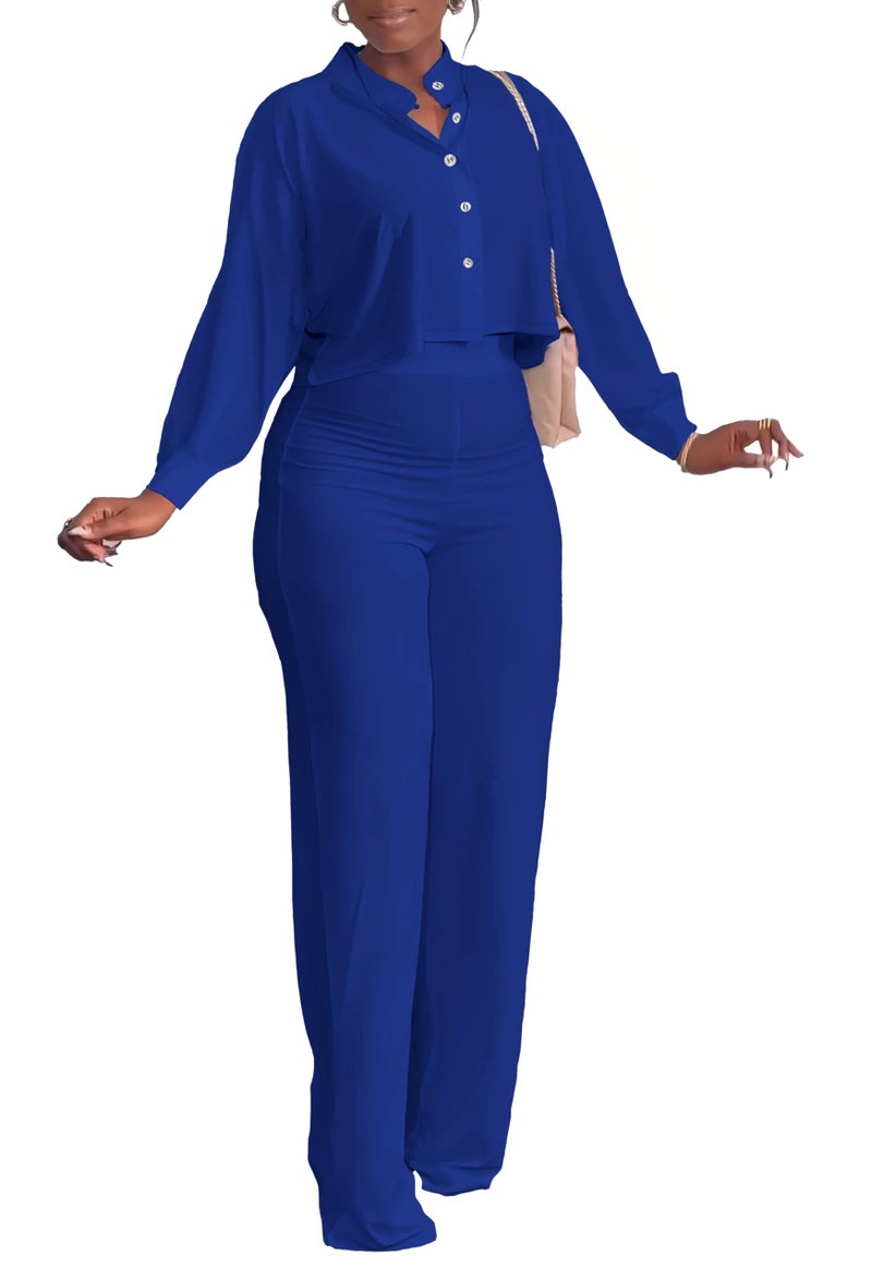 HBQ Women's 2 Piece Outfits Casual Tracksuit Long Sleeve Button Down Crop Top Wide Leg Long Pant Lounge Sets-L-Bright Blue - Image 5