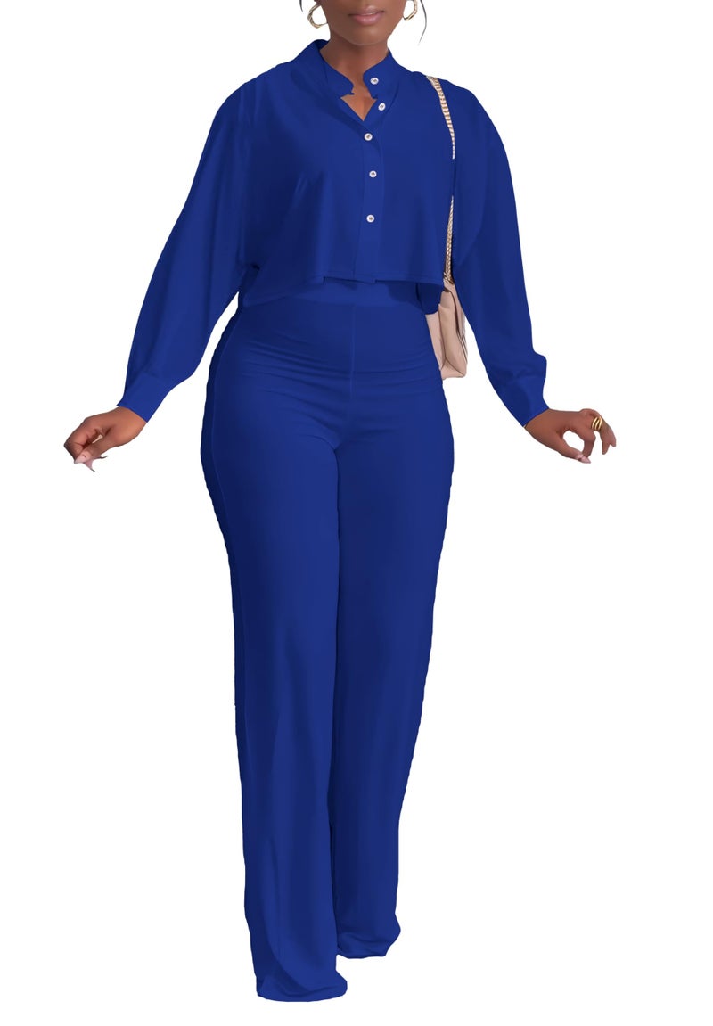 HBQ Women's 2 Piece Outfits Casual Tracksuit Long Sleeve Button Down Crop Top Wide Leg Long Pant Lounge Sets-L-Bright Blue - Image 1