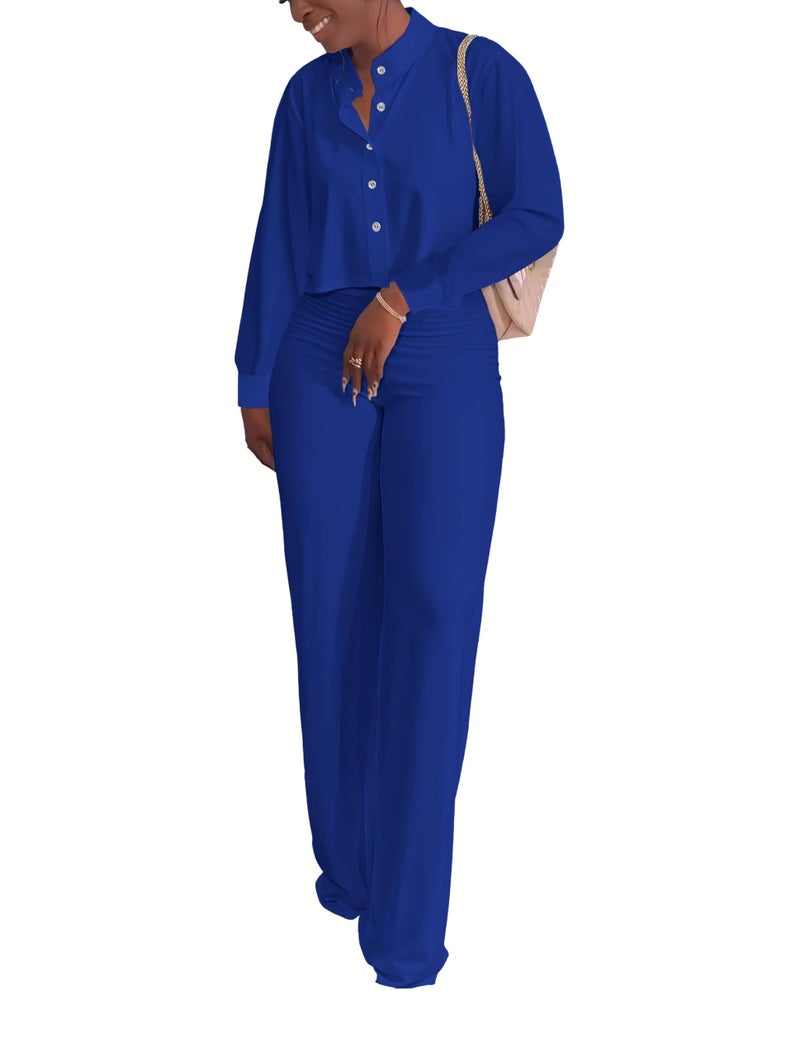 HBQ Women's 2 Piece Outfits Casual Tracksuit Long Sleeve Button Down Crop Top Wide Leg Long Pant Lounge Sets-L-Bright Blue - Image 2