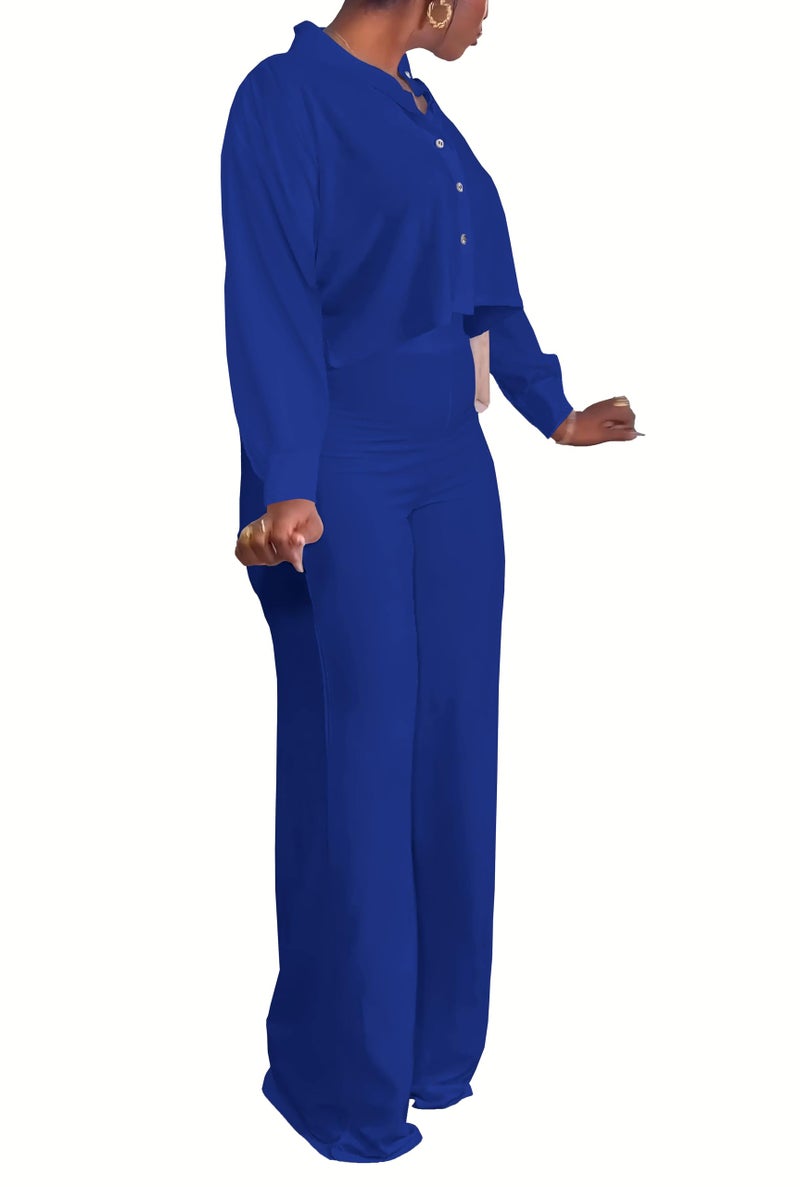 HBQ Women's 2 Piece Outfits Casual Tracksuit Long Sleeve Button Down Crop Top Wide Leg Long Pant Lounge Sets-L-Bright Blue - Image 3