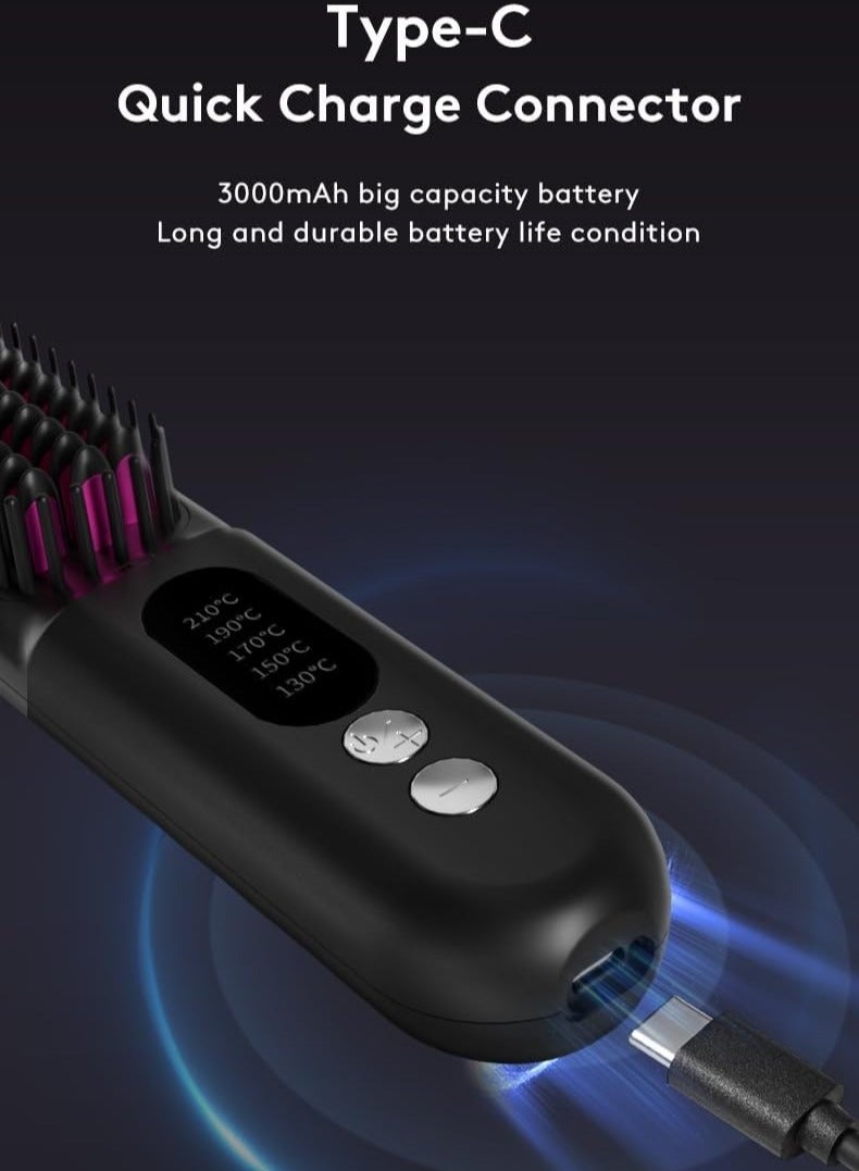 PANDA JOJO Mini Wireless Ionic Hair Straightener Brush Hight Temperature Up to 210℃, Portable Fast Heating Ceramic Heater Straightening Comb, Negative Ions Hot Comb Straightener, USB Rechargeable, Can be Used While Charging, Gifts for Women(Black) - Image 4