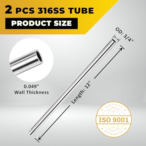 VALVENTO 3/4" OD 316 Stainless Steel Tube 12 inch Length Round Straight Steel Pipe Metal Tubing Industrial Metal Tube (2 Pcs) - Image 2